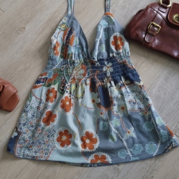 Celine Blue Orange Hues Flower Print Halter Smocked Waist Vintage Halter Top - Picture 2 of 6